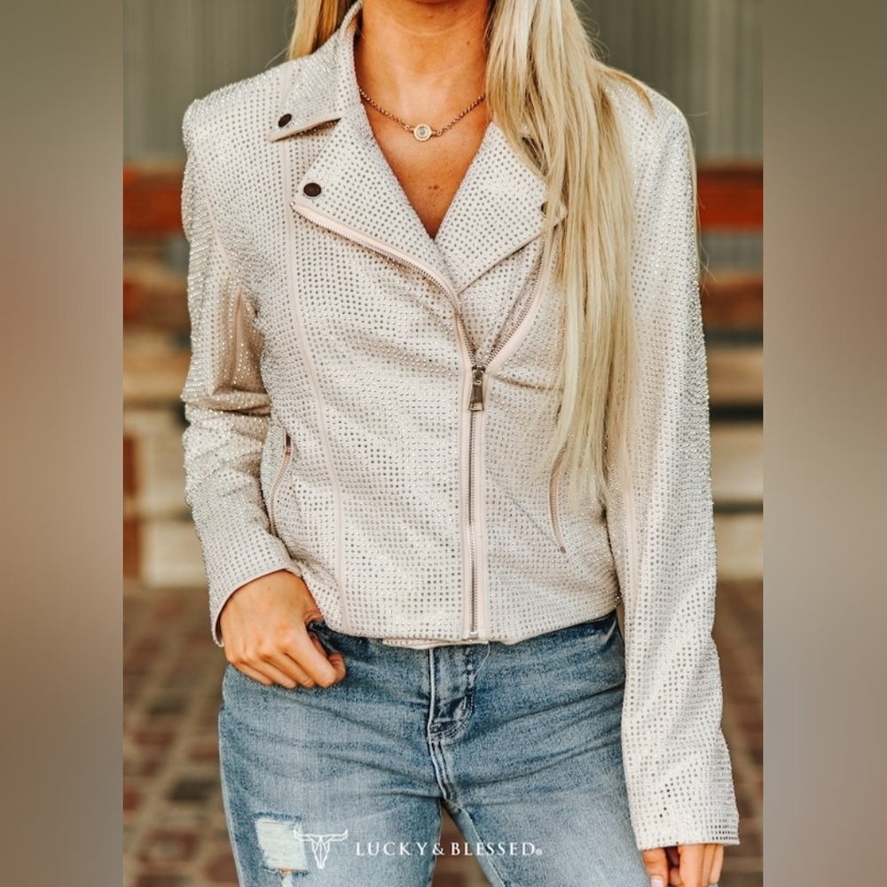 NWT Beige Rhinestone Studded Long Sleeve Zip Up Moto Jacket